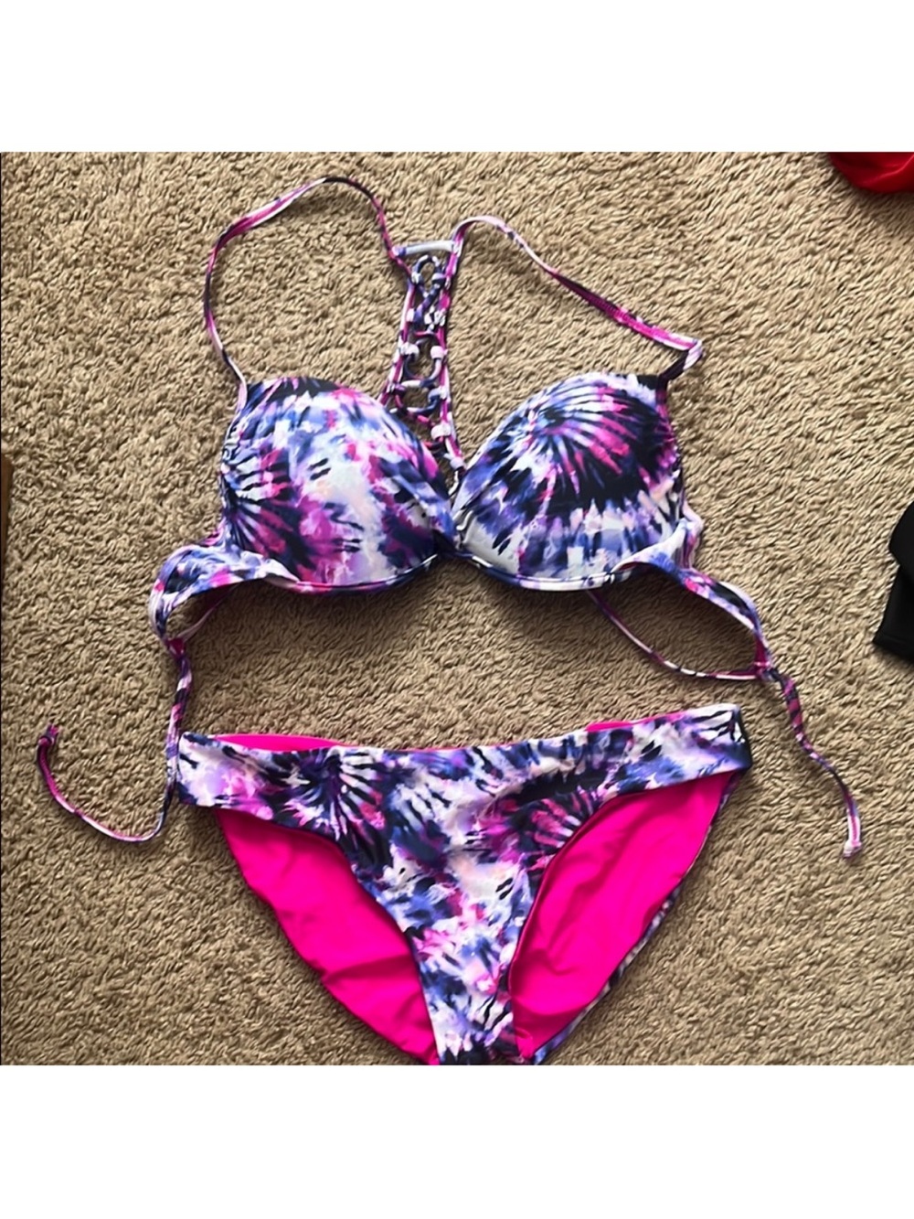 NWOT L push-up racerback bikini purple pink blue black and white tie dye